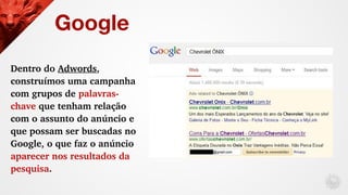 Dentro do Adwords, 
construímos uma campanha 
com grupos de palavras­
chave que tenham relação 
com o assunto do anúncio e...