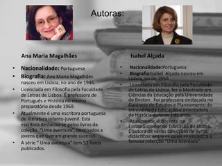 Autoras:

Ana Maria Magalhães
• Nacionalidade: Portuguesa
• Biografia: Ana Maria Magalhães
•

•

•

nasceu em Lisboa, no ano de 1946.
Licenciada em Filosofia pela Faculdade
de Letras de Lisboa. É professora de
Português e História no ensino
preparatório desde 1969.
Atualmente é uma escritora portuguesa
de literatura infanto-juvenil. Esta
escritora destacou-se pelos livros da
coleção “Uma aventura”, destinados a
jovens que tiveram grande sucesso.
A série “ Uma aventura” tem 51 livros
publicados.

Isabel Alçada
•
•
•

•

Nacionalidade:Portuguesa
Biografia:Isabel Alçada nasceu em
Lisboa, no de 1950.
Licenciada em Filosofia pela Faculdade
de Letras de Lisboa, fez o Mestrado em
Ciências da Educação pela Universidade
de Boston. Foi professora destacada no
Gabinete de Estudos e Planeamento do
Ministério da Educação e orientadora
de História durante três anos.
Atualmente, é docente na
Escola Superior de Educação de Lisboa.
É autora de várias colecções de livros
didácticos, entre os quais se encontra a
famosa colecção “Uma Aventura”.

 