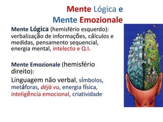 Mente Lógica e
Mente Emozionale
Mente Lógica (hemisfério esquerdo):
verbalização de informações, cálculos e
medidas, pensamento sequencial,
energia mental, intelecto e Q.I.
Mente Emozionale (hemisfério
direito):
Linguagem não verbal, símbolos,
metáforas, déjà vu, energia física,
inteligência emocional, criatividade
 