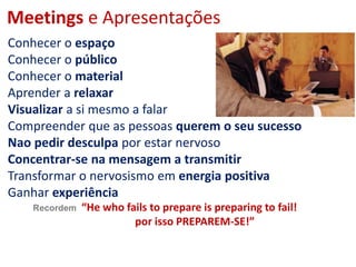 Meetings e Apresentações
Conhecer o espaço
Conhecer o público
Conhecer o material
Aprender a relaxar
Visualizar a si mesmo a falar
Compreender que as pessoas querem o seu sucesso
Nao pedir desculpa por estar nervoso
Concentrar-se na mensagem a transmitir
Transformar o nervosismo em energia positiva
Ganhar experiência
Recordem “He who fails to prepare is preparing to fail!
por isso PREPAREM-SE!”
 
