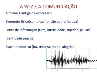 A VOZ E A COMUNICAÇÃO
A forma + antiga de expressão
Elemento físico(complexa função comunicativa)
Fonte de informaçao (tom, intensidade, rapidez, pausas)
Identidade pessoal
Espelho emotivo (ira, tristeza, medo, alegria)
6TÉCNICAS DE VOZ E COMUNICAÇÃO
 