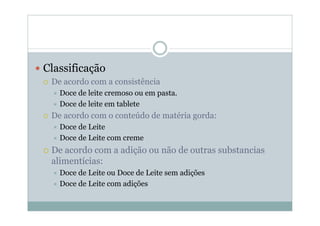 y Classificação
{ De acordo com a consistência
Ù Doce de leite cremoso ou em pasta.
Ù Doce de leite em tablete
{ De acordo com o conteúdo de matéria gorda:
Ù Doce de Leite
Ù Doce de Leite com creme
{ De acordo com a adição ou não de outras substancias
alimentícias:
Ù Doce de Leite ou Doce de Leite sem adições
Ù Doce de Leite com adições
 