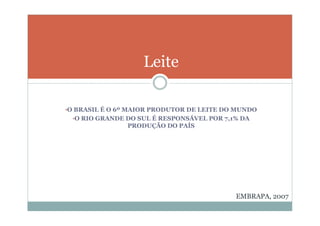 •O BRASIL É O 6º MAIOR PRODUTOR DE LEITE DO MUNDO
•O RIO GRANDE DO SUL É RESPONSÁVEL POR 7,1% DA
PRODUÇÃO DO PAÍS
Leite
EMBRAPA, 2007
 