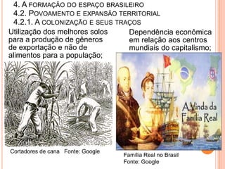 4. A FORMAÇÃO DO ESPAÇO BRASILEIRO
  4.2. POVOAMENTO E EXPANSÃO TERRITORIAL
  4.2.1. A COLONIZAÇÃO E SEUS TRAÇOS
Utilização dos melhores solos    Dependência econômica
para a produção de gêneros       em relação aos centros
de exportação e não de           mundiais do capitalismo;
alimentos para a população;




Cortadores de cana Fonte: Google
                                   Família Real no Brasil
                                   Fonte: Google
 