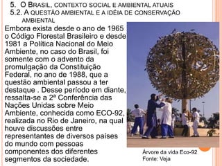 5. O BRASIL, CONTEXTO SOCIAL E AMBIENTAL ATUAIS
 5.2. A QUESTÃO AMBIENTAL E A IDÉIA DE CONSERVAÇÃO
     AMBIENTAL
Embora exista desde o ano de 1965
o Código Florestal Brasileiro e desde
1981 a Política Nacional do Meio
Ambiente, no caso do Brasil, foi
somente com o advento da
promulgação da Constituição
Federal, no ano de 1988, que a
questão ambiental passou a ter
destaque . Desse período em diante,
ressalta-se a 2ª Conferência das
Nações Unidas sobre Meio
Ambiente, conhecida como ECO-92,
realizada no Rio de Janeiro, na qual
houve discussões entre
representantes de diversos países
do mundo com pessoas
componentes dos diferentes              Árvore da vida Eco-92
segmentos da sociedade.                 Fonte: Veja
 