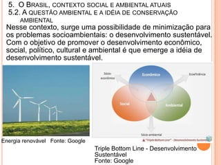 5. O BRASIL, CONTEXTO SOCIAL E AMBIENTAL ATUAIS
  5.2. A QUESTÃO AMBIENTAL E A IDÉIA DE CONSERVAÇÃO
      AMBIENTAL
 Nesse contexto, surge uma possibilidade de minimização para
 os problemas socioambientais: o desenvolvimento sustentável.
 Com o objetivo de promover o desenvolvimento econômico,
 social, político, cultural e ambiental é que emerge a idéia de
 desenvolvimento sustentável.




Energia renovável Fonte: Google
                                  Triple Bottom Line - Desenvolvimento
                                  Sustentável
                                  Fonte: Google
 