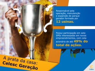 Responsável pela
operação, manutenção
e expansão de parque
gerador formado por
12 usinas.
Possui participação em sete
SPEs interessadas em novos
empreendimentos, com cota
acionária de até 49% do
total de ações.
 