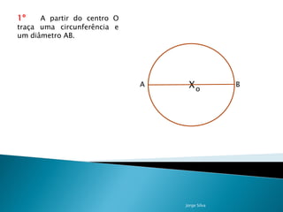 1º    A partir do centro O
traça uma circunferência e
um diâmetro AB.




                             A    Xo           B




                                 Jorge Silva
 