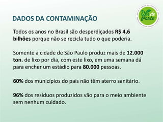 DADOS DA CONTAMINAÇÃO
Todos os anos no Brasil são desperdiçados R$ 4,6
bilhões porque não se recicla tudo o que poderia.

Somente a cidade de São Paulo produz mais de 12.000
ton. de lixo por dia, com este lixo, em uma semana dá
para encher um estádio para 80.000 pessoas.

60% dos municípios do país não têm aterro sanitário.

96% dos resíduos produzidos vão para o meio ambiente
sem nenhum cuidado.
 