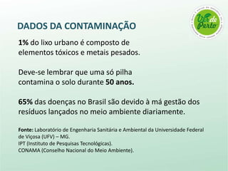 DADOS DA CONTAMINAÇÃO
1% do lixo urbano é composto de
elementos tóxicos e metais pesados.

Deve-se lembrar que uma só pilha
contamina o solo durante 50 anos.

65% das doenças no Brasil são devido à má gestão dos
resíduos lançados no meio ambiente diariamente.

Fonte: Laboratório de Engenharia Sanitária e Ambiental da Universidade Federal
de Viçosa (UFV) – MG.
IPT (Instituto de Pesquisas Tecnológicas).
CONAMA (Conselho Nacional do Meio Ambiente).
 