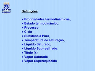 Definições
• Propriedades termodinâmicas
• Estado termodinâmico
• Processo
• Ciclo
• Substância Pura
• Temperatura de saturação
• Líquido Saturado
• Líquido Sub-resfriado
• Título (x)
• Vapor Saturado
• Vapor Superaquecido
 