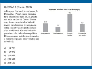 QUESTÃO 8 (Enem - 2020)
A Pesquisa Nacional por Amostra de
Domicílios (Pnad) é uma pesquisa
feita anualmente pelo IBGE, exceto
nos anos em que há Censo. Em um
ano, foram entrevistados 363 mil
jovens para fazer um levantamento
sobre suas atividades profissionais
e/ou acadêmicas. Os resultados da
pesquisa estão indicados no gráfico.
De acordo com as informações dadas,
o número de jovens entrevistados que
trabalha é:
a) 114 708
b) 164 076
c) 213 444
d) 284 592
e) 291 582
 