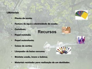 1.Materiais

    •   Planta da escola;

    •   Factura de água e electricidade da escola;

    •   Cartolinas;
                              Recursos
    •   Papel reciclado;

    •   Papel autocolante;

    •   Caixas de cartão;

    •   Lâmpadas de baixo consumo;

    •   Bicicleta usada, ímans e bobina;

    •   Materiais reciclados para realização de um destilador.
 