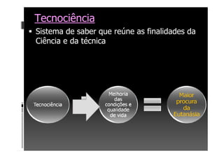 Tecnociência
Sistema de saber que reúne as finalidades da
Ciência e da técnica
 