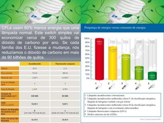 CFLs usam 60% menos energia que uma lâmpada normal. Este switch simples vai economizar cerca de 300 quilos de dióxido de carbono por ano. Se cada família dos E.U. fizesse a mudança, nós reduzíamos o dióxido de carbono em mais de 90 bilhões de quilos.