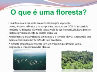 O que é uma floresta?Uma floresta é uma vasta área constituída por vegetação densa, árvores, arbustos e outras plantas que ocupam 30% da superfície terrestre As florestas são vitais para a vida do ser humano, devido a muitos factores principalmente de ordem climática.     Actualmente a maior floresta do mundo é a floresta pluvial Amazónica que ocupa aproximadamente 50% do pais brasileiro.     A floresta amazónica consome 65% do oxigénio que produz com a respiração e transpiração das plantas.
