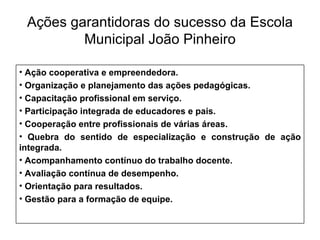 Ações garantidoras do sucesso da Escola Municipal João Pinheiro Ação cooperativa e empreendedora. Organização e planejamento das ações pedagógicas. Capacitação profissional em serviço. Participação integrada de educadores e pais. Cooperação entre profissionais de várias áreas. Quebra do sentido de especialização e construção de ação integrada. Acompanhamento contínuo do trabalho docente. Avaliação contínua de desempenho. Orientação para resultados. Gestão para a formação de equipe. 