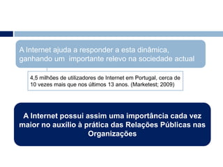  Necessidade de transparência.A Internet ajuda a responder a esta dinâmica, ganhando um  importante relevo na sociedade actual4,5 milhões de utilizadores de Internet em Portugal, cerca de 10 vezes mais que nos últimos 13 anos. (Marketest; 2009)A Internet possui assim uma importância cada vez maior no auxílio à prática das Relações Públicas nas Organizações 