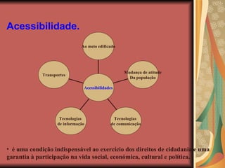 Acessibilidade. é uma condição indispensável ao exercício dos direitos de cidadania e uma garantia à participação na vida social, económica, cultural e política. Transportes Tecnologias  de informação Tecnologias  de comunicação Mudança de atitude Da população Ao meio edificado Acessibilidades 