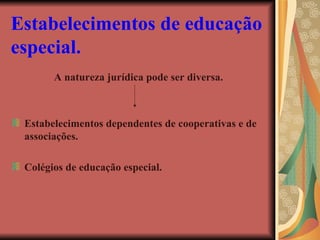 Estabelecimentos de educação especial.   A natureza jurídica pode ser diversa. Estabelecimentos dependentes de cooperativas e de associações. Colégios de educação especial. 