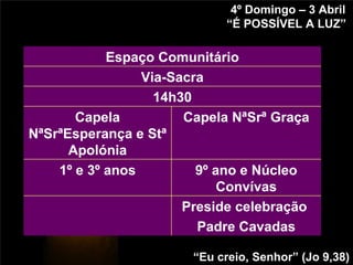 4º Domingo – 3 Abril “ É POSSÍVEL A LUZ”   “ Eu creio, Senhor” (Jo 9,38) Via-Sacra Preside celebração  Padre Cavadas 9º ano e Núcleo Convívas 1º e 3º anos Capela NªSrª Graça Capela NªSrªEsperança e Stª Apolónia 14h30 Espaço Comunitário 