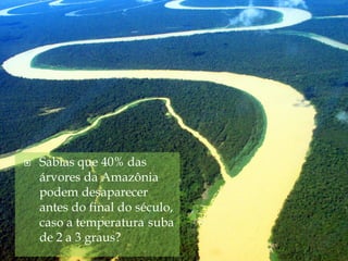    Sabias que 40% das
    árvores da Amazônia
    podem desaparecer
    antes do final do século,
    caso a temperatura suba
    de 2 a 3 graus?
 