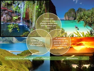 Todos nós
                                  queremos um
                                planeta assim mas
                                 não fazemos por
                                       isso.




                                               A poluição
                       Como é que            aumenta de dia
                        acontece o            para dia o que
                      efeito estufa?          causa o efeito
                                                 estufa.




"A natureza tem para tudo o seu objetivo.“                Aristóteles
 