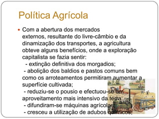 Com a abertura dos mercados externos, resultante do livre-câmbio e da dinamização dos transportes, a agricultura obteve alguns benefícios, onde a exploração capitalista se fazia sentir:  - extinção definitiva dos morgadios; - abolição dos baldios e pastos comuns bem como os arroteamentos permitiram aumentar a superfície cultivada; - reduziu-se o pousio e efectuou-se um aproveitamento mais intensivo da terra; - difundiram-se máquinas agrícolas; - cresceu a utilização de adubos químicos;Política Agrícola