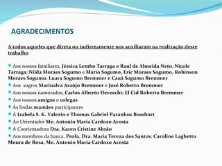 AGRADECIMENTOS
A todos aqueles que direta ou indiretamente nos auxiliaram na realização deste
trabalho

Aos nossos familiares, Jéssica Lembo Tarraga e Raul de Almeida Neto, Nicole
Tarraga; Nilda Moraes Sogumo e Mário Sogumo, Eric Moraes Sogumo, Robinson
Moraes Sogumo, Luara Sogumo Bremmer e Cauã Sogumo Bremmer
Aos sogros Marinalva Araújo Bremmer e José Roberto Bremmer
Aos nossos namorados, Carlos Alberto Devecchi; El Cid Roberto Bremmer
Aos nossos amigos e colegas
Às lindas mamães participantes
À Izabela S. K. Valezin e Thomas Gabriel Paranhos Bosshort
Ao Orientador Me. Antonio Maria Cardozo Acosta
À Coorientadora Dra. Karen Cristine Abrão
Aos membros da banca, Profa. Dra. Maria Tereza dos Santos; Caroline Laghetto
Moura de Rosa; Me. Antonio Maria Cardozo Acosta
 