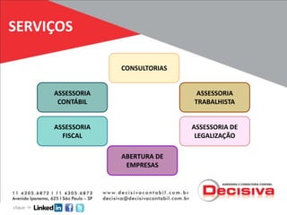 SERVIÇOS

                      CONSULTORIAS


         ASSESSORIA                   ASSESSORIA
          CONTÁBIL                   TRABALHISTA


         ASSESSORIA                  ASSESSORIA DE
           FISCAL                     LEGALIZAÇÃO

                      ABERTURA DE
                       EMPRESAS




clique
 