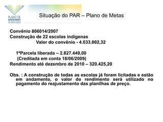 Situação do PAR – Plano de Metas

Convênio 806014/2007
Construção de 22 escolas indígenas
           Valor do convênio - 4.033.002,32

  1ªParcela liberada – 2.827.440,00
   (Creditada em conta 18/06/2009)
Rendimento até dezembro de 2010 – 320.425,20

Obs. : A construção de todas as escolas já foram licitadas e estão
  em andamento, o valor do rendimento será utilizado no
  pagamento do reajustamento das planilhas de preço.
 