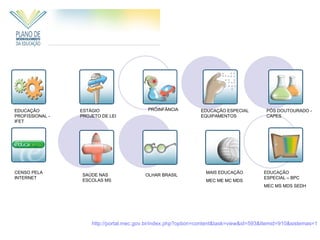 EDUCAÇÃO         ESTÁGIO                  PRÓINFÂNCIA          EDUCAÇÃO ESPECIAL         PÓS DOUTOURADO -
PROFISSIONAL -   PROJETO DE LEI                                EQUIPAMENTOS              CAPES
IFET




CENSO PELA                                                       MAIS EDUCAÇÃO          EDUCAÇÃO
                 SAÚDE NAS               OLHAR BRASIL
INTERNET                                                                                ESPECIAL – BPC
                 ESCOLAS MS                                      MEC ME MC MDS
                                                                                        MEC MS MDS SEDH




                     http://portal.mec.gov.br/index.php?option=content&task=view&id=593&Itemid=910&sistemas=1
 