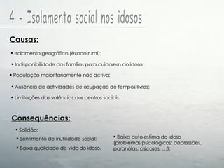 4 - Isolamento social nos idosos Limitações das valências dos centros sociais. Causas: Isolamento geográfico (êxodo rural); Indisponibilidade das famílias para cuidarem do idoso; População maioritariamente não activa; Ausência de actividades de ocupação de tempos livres; Consequências: Baixa qualidade de vida do idoso. Solidão; Sentimento de inutilidade social; Baixa auto-estima do idoso  (problemas psicológicos: depressões,  paranóias, psicoses, …); 