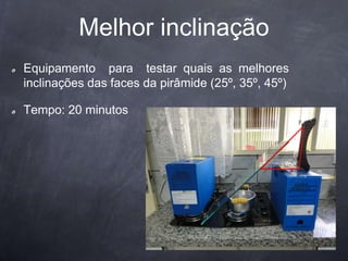 Melhor inclinação
Equipamento para testar quais as melhores
inclinações das faces da pirâmide (25º, 35º, 45º)
Tempo: 20 minutos
 