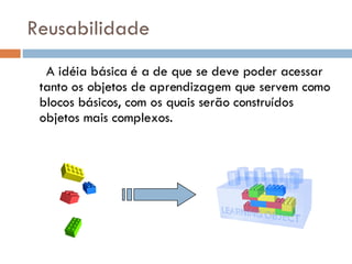 Reusabilidade A idéia básica é a de que se deve poder acessar tanto os objetos de aprendizagem que servem como blocos básicos, com os quais serão construídos objetos mais complexos. 