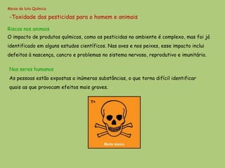Meios de luta Química

-Toxidade dos pesticidas para o homem e animais

Riscos nos animais
O impacto de produtos químicos, como os pesticidas no ambiente é complexo, mas foi já
identificado em alguns estudos científicos. Nas aves e nos peixes, esse impacto inclui
defeitos à nascença, cancro e problemas no sistema nervoso, reprodutivo e imunitário.

Nos seres humanos
As pessoas estão expostas a inúmeras substâncias, o que torna difícil identificar
quais as que provocam efeitos mais graves.
 