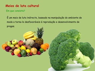 Meios de luta cultural
Em que consiste?

È um meio de luta indirecto, baseado na manipulação do ambiente de
modo a torna-lo desfavoráveis á reprodução e desenvolvimento de
pragas.
 