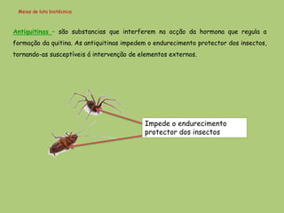 Meios de luta biotécnica



Antiquitinas – são substancias que interferem na acção da hormona que regula a
formação da quitina. As antiquitinas impedem o endurecimento protector dos insectos,
tornando-as susceptíveis á intervenção de elementos externos.




                                           Impede o endurecimento
                                           protector dos insectos
 