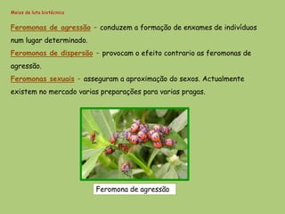 Meios de luta biotécnica


Feromonas de agressão – conduzem a formação de enxames de indivíduos
num lugar determinado.
Feromonas de dispersão – provocam o efeito contrario as feromonas de
agressão.
Feromonas sexuais – asseguram a aproximação do sexos. Actualmente
existem no mercado varias preparações para varias pragas.




                           Feromona de agressão
 