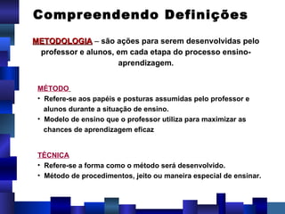 Compreendendo Definições   MÉTODO   Refere-se aos papéis e posturas assumidas pelo professor e  alunos durante a situação de ensino. Modelo de ensino que o professor utiliza para maximizar as  chances de aprendizagem eficaz TÉCNICA   Refere-se a forma como o método será desenvolvido. Método de procedimentos, jeito ou maneira especial de ensinar. METODOLOGIA  –  são ações para serem desenvolvidas pelo professor e alunos, em cada etapa do processo ensino-aprendizagem . 