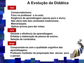 A Evolução da Didática Conservadorismo;  Foco no professor  e na aula; Exigência da aprendizagem apenas para o aluno; Não abria mão dos conteúdos tradicionais; Memorização; Aplicar provas para dar notas; Garante a eficiência da aprendizagem; Enfatiza a elaboração de planos de ensino; Seleção de conteúdos; Compromete-se com a qualidade cognitiva das aprendizagens; Professor mediador da preparação dos  alunos  para o pensar . 1930 Hoje 1970 