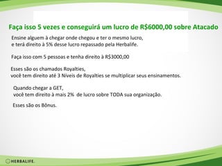 Faça isso 5 vezes e conseguirá um lucro de R$6000,00 sobre Atacado
Ensine alguem à chegar onde chegou e ter o mesmo lucro,
e terá direito à 5% desse lucro repassado pela Herbalife.

Faça isso com 5 pessoas e tenha direito à R$3000,00

Esses são os chamados Royalties,
você tem direito até 3 Níveis de Royalties se multiplicar seus ensinamentos.

 Quando chegar a GET,
 você tem direito à mais 2% de lucro sobre TODA sua organização.
 Esses são os Bônus.
 