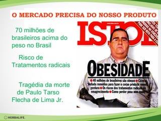 O MERCADO PRECISA DO NOSSO PRODUTO

 70 milhões de
brasileiros acima do
peso no Brasil
  Risco de
Tratamentos radicais


   Tragédia da morte
  de Paulo Tarso
Flecha de Lima Jr.
 