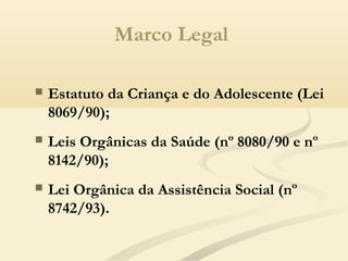 Marco Legal
 Estatuto da Criança e do Adolescente (Lei
8069/90);
 Leis Orgânicas da Saúde (nº 8080/90 e nº
8142/90);
 Lei Orgânica da Assistência Social (nº
8742/93).
 