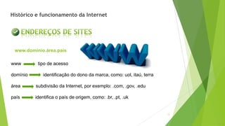 13
Histórico e funcionamento da Internet
www tipo de acesso
domínio identificação do dono da marca, como: uol, itaú, terra
área subdivisão da Internet, por exemplo: .com, .gov, .edu
país identifica o país de origem, como: .br, .pt, .uk
www.domínio.área.país
 