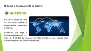 40
mais de 2 bilhões de usuários em todo mundo e esse número vem
aumentando mais de 2 milhões todo mês.
Em 2010, cerca de 30%
da população mundial já
encontrava-se conectada
à Internet.
Estima-se que hoje a
Internet seja acessada por
Histórico e funcionamento da Internet
 
