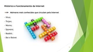 36
Malwares mais conhecidos que circulam pela Internet
- Vírus;
- Trojan;
- Worms;
- Spyware;
- Rootkit;
- Bot e Botnet
Histórico e funcionamento da Internet
 