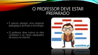 O PROFESSOR DEVE ESTAR
PREPARADO
• É preciso planejar uma proposta
pedagógica alinhada à tecnologia;
• O professor deve instruir os sites
confiáveis e os meios adequados
de busca na internet;
 