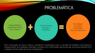 PROBLEMÁTICA
Necessidades e
problemas (ponto
de mudança)
Tecnologias,
inovações,
criatividade,
soluções aplicáveis.
Conhecimento
(popular e
científico)
Para a formação de alunos críticos, inovadores e preparados para o mercado de trabalho a tecnologia é
imprescindível. Se o professor restringe o contato com a informação dentro de sala, ele estará falhando com
o objetivo de formação de alunos competentes.
 