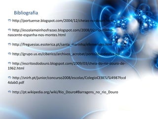 Bibliografia
 http://portuense.blogspot.com/2004/12/cheias-no-douro.html

 http://escolamoinhosfrazao.blogspot.com/2008/02/rio-minho-
nascente-espanha-nos-montes.html

 http://freguesias.esoterica.pt/santa_marinha/efemerides.htm

 http://grupo.us.es/ciberico/archivos_acrobat/porto2diasdasilva.pd´´

 http://escritosdodouro.blogspot.com/2009/03/cheia-do-rio-douro-de-
1962.html

 http://snirh.pt/junior/concurso2008/escolas/ColegioCEBES/SJ4987fccd
4dab0.pdf

 http://pt.wikipedia.org/wiki/Rio_Douro#Barragens_no_rio_Douro
 